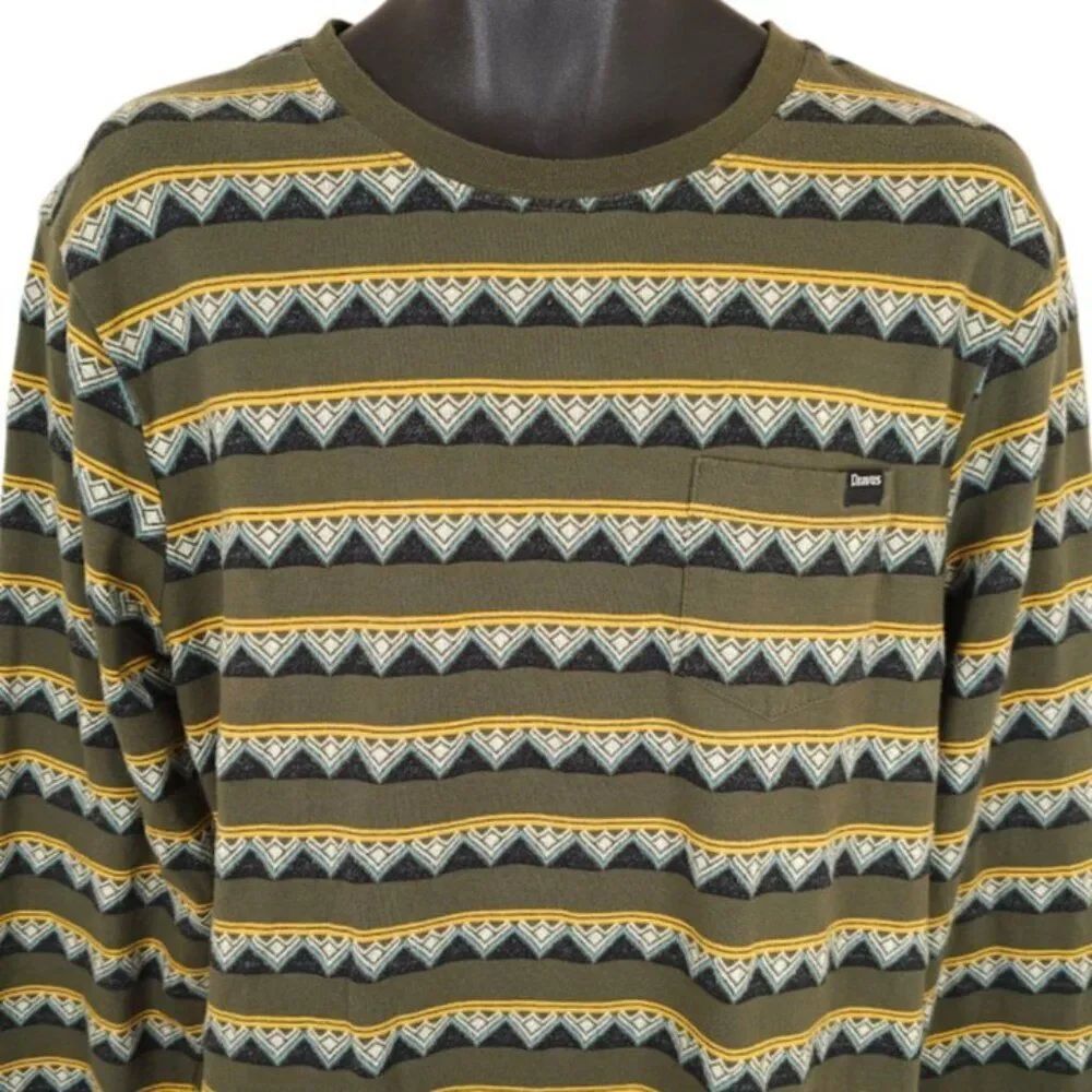 Dravus Surfer T Shirt Mens Size Medium Green Yellow Striped Geometric Pocket Tee